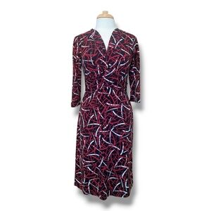 George Stretchy Wrap Over 3/4 Sleeve Red/Black Midi Dress. Size S. 4-6